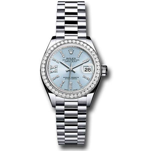 Rolex Platinum Lady-Datejust 28 Watch - 44 Diamond Bezel - Ice Blue Diamond Index Dial - President Bracelet - 279136RBR ib36dix8dp