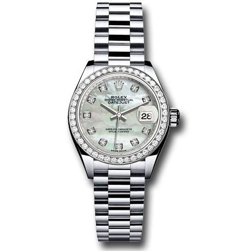 Rolex Platinum Lady-Datejust 28 Watch - 44 Diamond Bezel - Mother-of-Pearl Diamond Dial - President Bracelet - 279136RBR mdp
