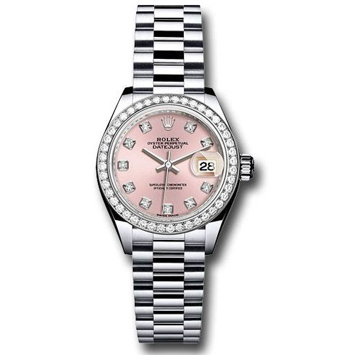 Rolex Platinum Lady-Datejust 28 Watch - 44 Diamond Bezel - Pink Diamond Dial - President Bracelet - 279136RBR pdp