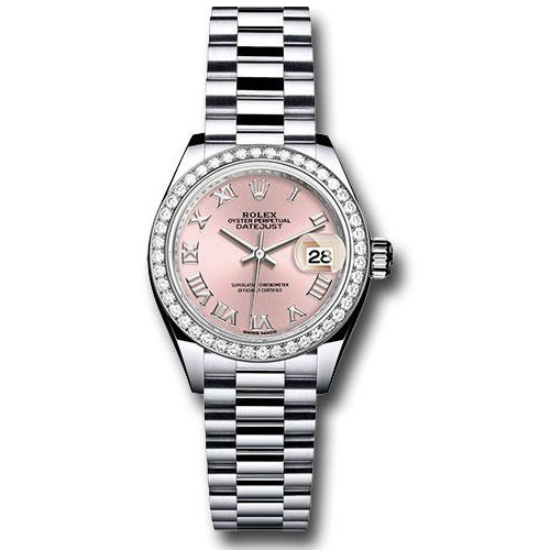 Rolex Platinum Lady-Datejust 28 Watch - 44 Diamond Bezel - Pink Roman Dial - President Bracelet - 279136RBR prp