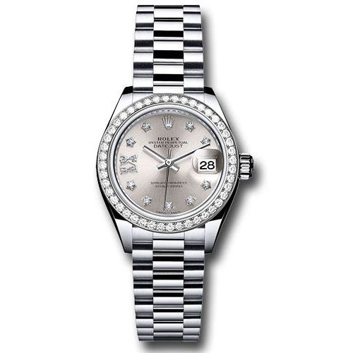 Rolex Platinum Lady-Datejust 28 Watch - 44 Diamond Bezel - Silver Diamond Star Dial - President Bracelet - 279136RBR s9dix8dp