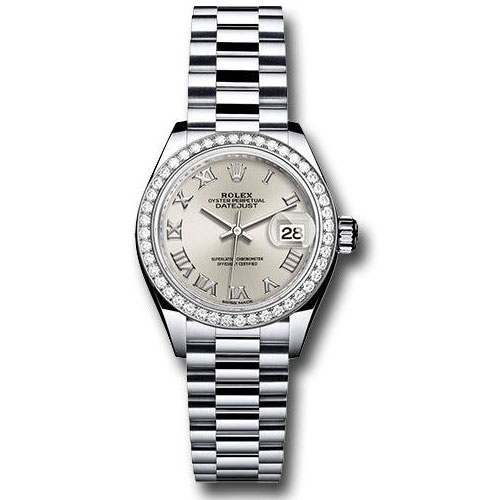Rolex Platinum Lady-Datejust 28 Watch - 44 Diamond Bezel - Silver Roman Dial - President Bracelet - 279136RBR srp