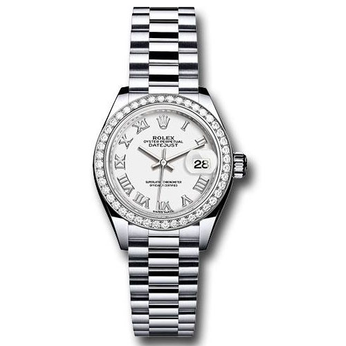 Rolex Platinum Lady-Datejust 28 Watch - 44 Diamond Bezel - White Roman Dial - President Bracelet - 279136RBR wrp