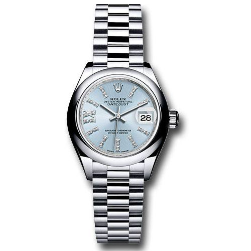 Rolex Platinum Lady-Datejust 28 Watch - Domed Bezel - Ice Blue Diamond Index Dial - President Bracelet - 279166 ib36dix8dp