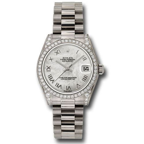 Rolex White Gold Datejust 31 Watch - 48 Diamond Bezel - Mother-Of-Pearl Roman Dial - President Bracelet - 178159 mrp
