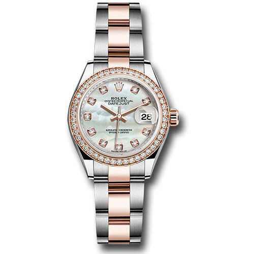 Rolex Steel and Everose Gold Rolesor Lady-Datejust 28 Watch - Diamond Bezel - White Mother-Of-Pearl Diamond Dial - Oyster Bracelet - 279381RBR mdo