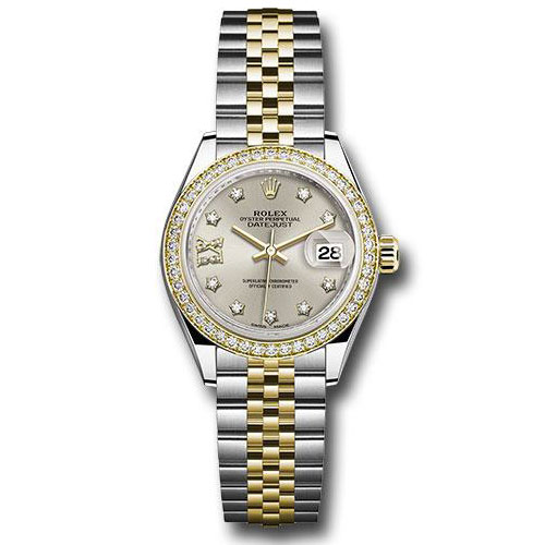 Rolex Steel and Yellow Gold Rolesor Lady-Datejust 28 Watch - Diamond Bezel - Silver Diamond Star Dial - Jubilee Bracelet - 279383RBR s9dix8dj