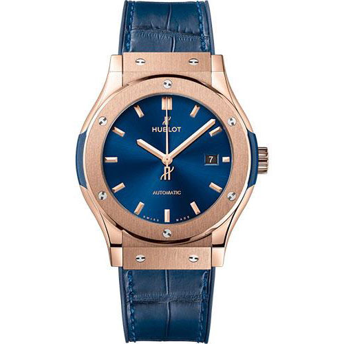Hublot Classic Fusion King Gold Blue Watch - 42 mm - Blue Dial - Blue Rubber and Leather Strap-542.OX.7180.LR