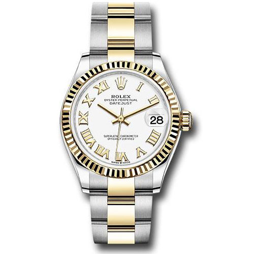 Rolex Steel and Yellow Gold Datejust 31 Watch - Fluted Bezel - White Roman Dial - Oyster Bracelet - 278273 wro