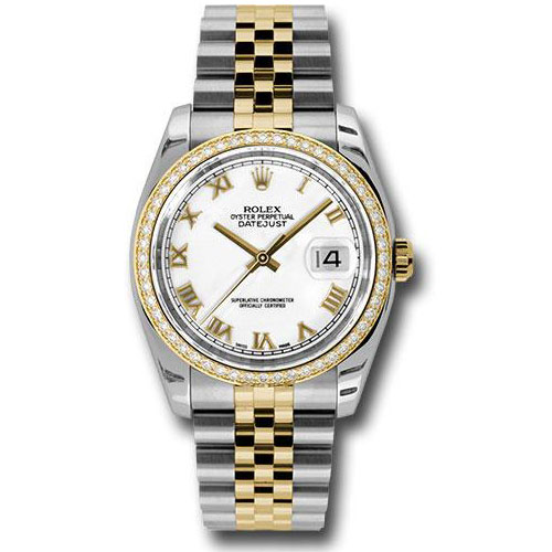 Rolex Steel and Yellow Gold Rolesor Datejust 36 Watch - 52 Brilliant-Cut Diamond Bezel - White Roman Dial - Jubilee Bracelet - 116243 wrj