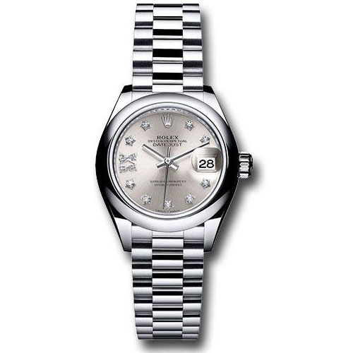 Rolex Platinum Lady-Datejust 28 Watch - Domed Bezel - Silver Diamond Star Dial - President Bracelet - 279166 s9dix8dp
