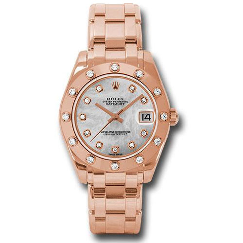 Rolex Pink Gold Datejust Pearlmaster 34 Watch - 12 Diamond Bezel - Mother-Of-Pearl Diamond Dial - 81315 md