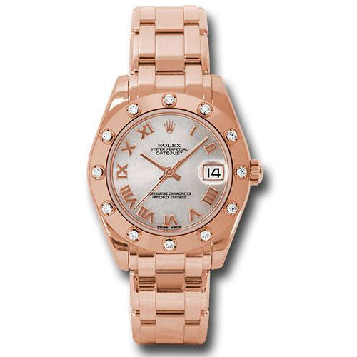 Rolex Pink Gold Datejust Pearlmaster 34 Watch - 12 Diamond Bezel - Mother-Of-Pearl Roman Dial - 81315 mr