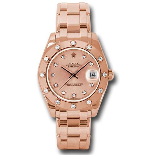 Rolex Pink Gold Datejust Pearlmaster 34 Watch - 12 Diamond Bezel - Pink Diamond Dial - 81315 pchd