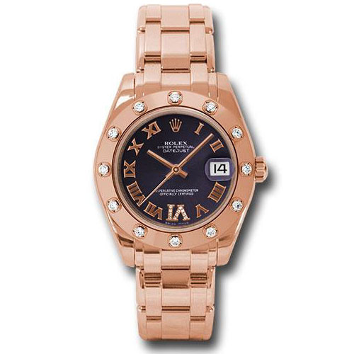 Rolex Pink Gold Datejust Pearlmaster 34 Watch - 12 Diamond Bezel - Purple Diamond Roman Vi  Roman Dial - 81315 pdr