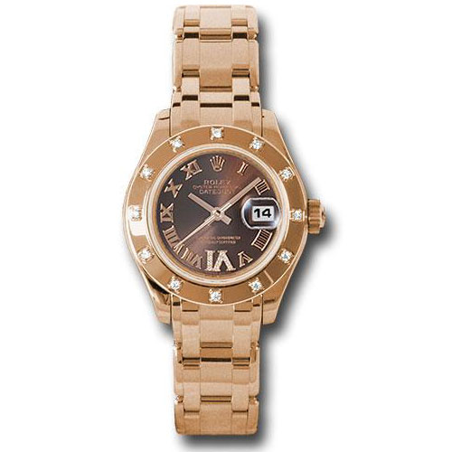 Rolex Pink Gold Lady-Datejust Pearlmaster 29 Watch - 12 Diamond Bezel - Chocolate Brown Diamond Roman Vi Roman Dial - 80315 brrd