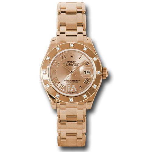Rolex Pink Gold Lady-Datejust Pearlmaster 29 Watch - 12 Diamond Bezel - Pink Champagne Diamond Roman Vi Roman Dial - 80315 chrd