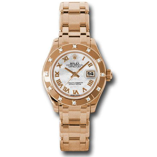 Rolex Pink Gold Lady-Datejust Pearlmaster 29 Watch - 12 Diamond Bezel - Mother-Of-Pearl Roman Dial - 80315 mr