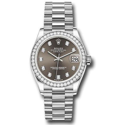 Rolex White Gold Datejust 31 Watch - Diamond Bezel - Dark Grey Roman Dial - President Bracelet - 278289RBR dkgrdp