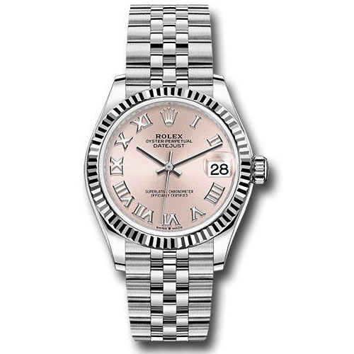 Rolex Steel and White Gold Datejust 31 Watch - Fluted Bezel - Pink Roman Dial - Jubilee Bracelet - 278274 prj