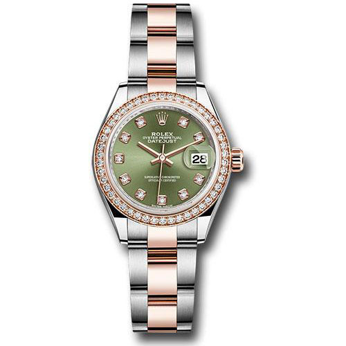 Rolex Steel and Everose Gold Rolesor Lady-Datejust 28 Watch - Diamond Bezel - Olive Green Diamond Dial - Oyster Bracelet - 279381RBR ogdo