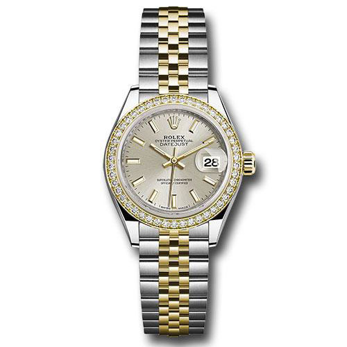 Rolex Steel and Yellow Gold Rolesor Lady-Datejust 28 Watch - Diamond Bezel - Silver Index Dial - Jubilee Bracelet - 279383RBR sij