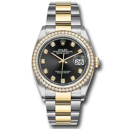 Rolex Steel and Yellow Gold Rolesor Datejust 36 Watch - Diamond Bezel - Black Diamond Dial - Oyster Bracelet - 126283RBR bkdo