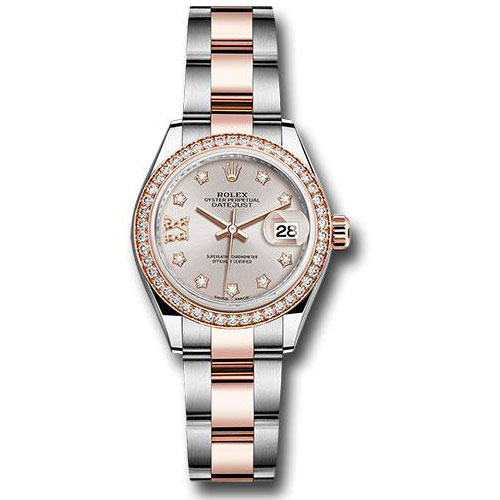 Rolex Steel and Everose Gold Rolesor Lady-Datejust 28 Watch - Diamond Bezel - Sundust Diamond Star Dial - Oyster Bracelet - 279381RBR su9dix8do