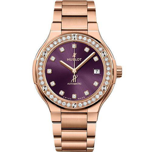 Hublot Classic Fusion King Gold Purple Diamonds Bracelet Watch - 38 mm - Purple Dial-568.OX.898V.OX.1204