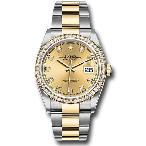 Rolex Steel and Yellow Gold Rolesor Datejust 36 Watch - Diamond Bezel - Champagne Diamond Dial - Oyster Bracelet - 126283RBR chdo