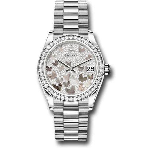 Rolex White Gold Datejust 31 Watch - Diamond Bezel - Diamond Paved Butterfly Dial - President Bracelet - 278289RBR pmopbp