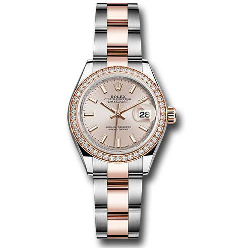 Rolex Steel and Everose Gold Rolesor Lady-Datejust 28 Watch - Diamond Bezel - Sundust Index Dial - Oyster Bracelet - 279381RBR suio