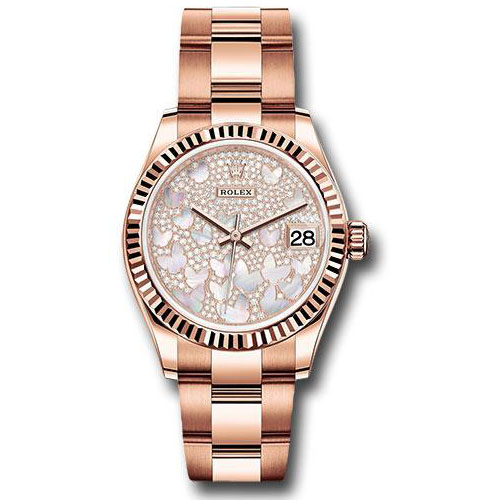 Rolex Everose Gold Datejust 31 Watch - Fluted Bezel - Diamond Paved Butterfly Dial - Oyster Bracelet - 278275 pmopbo