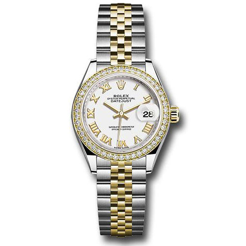 Rolex Steel and Yellow Gold Rolesor Lady-Datejust 28 Watch - Diamond Bezel - White Roman Dial - Jubilee Bracelet - 279383RBR wrj