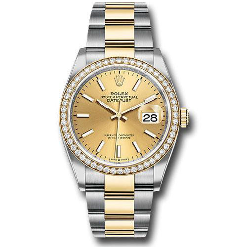 Rolex Steel and Yellow Gold Rolesor Datejust 36 Watch - Diamond Bezel - Champagne Index Dial - Oyster Bracelet - 126283RBR chio