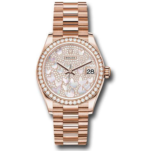 Rolex Everose Gold Datejust 31 Watch - Diamond Bezel - Diamond Paved Butterfly Dial - President Bracelet - 278285RBR pmopbp
