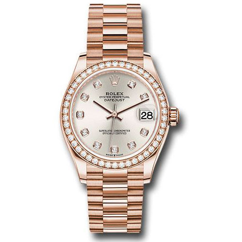 Rolex Everose Gold Datejust 31 Watch - Diamond Bezel - Silver Diamond Dial - President Bracelet - 278285RBR sdp