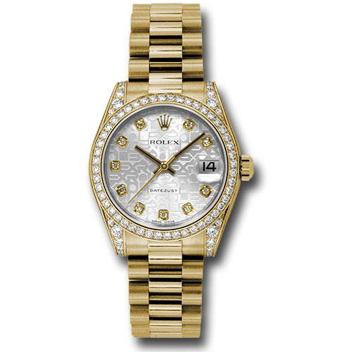 Rolex Yellow Gold Datejust 31 Watch - 48 Diamond Bezel - Silver Jubilee Diamond Dial - President Bracelet - 178158 sjdp