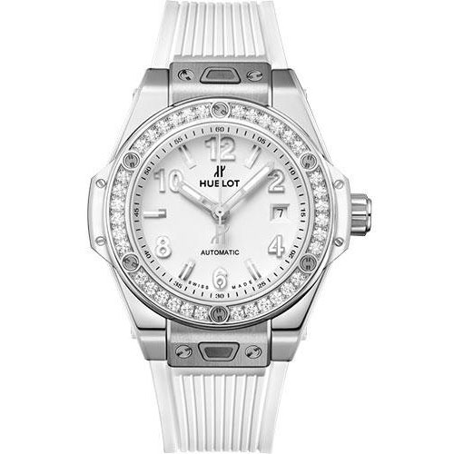 Hublot Big Bang One Click Steel White Diamonds Watch - 33 mm - White Dial - White Rubber Strap-485.SE.2010.RW.1204