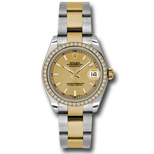 Rolex Steel and Yellow Gold Datejust 31 Watch - 46 Diamond Bezel - Champagne Index Dial - Oyster Bracelet - 178383 chio