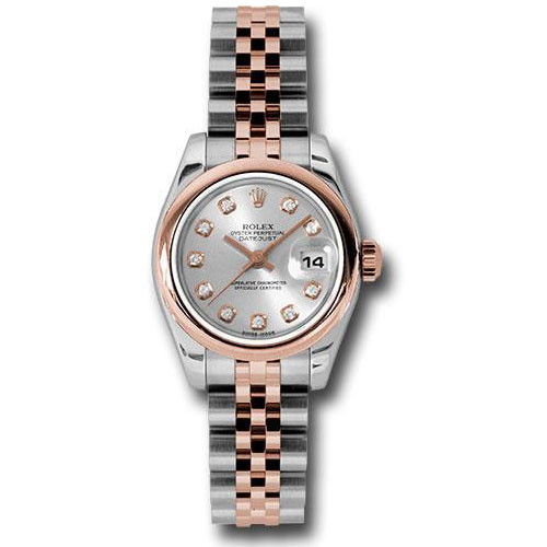 Rolex Steel and Everose Gold Rolesor Lady Datejust 26 Watch - Domed Bezel - Silver Diamond Dial - Jubilee Bracelet - 179161 sdj