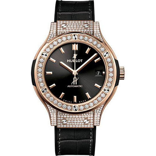 Hublot Classic Fusion King Gold Pave Watch - 38 mm - Black Dial - Black Rubber and Leather Strap-565.OX.1480.LR.1604