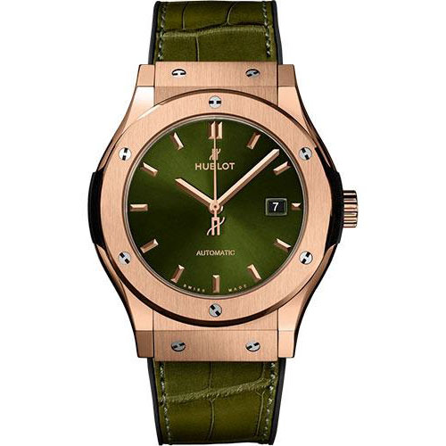 Hublot Classic Fusion King Gold Green Watch - 42 mm - Green Dial - Black Rubber and Green Leather Strap-542.OX.8980.LR