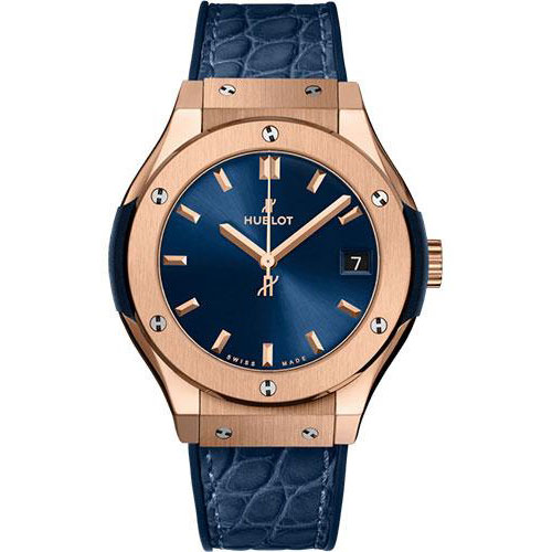 Hublot Classic Fusion King Gold Blue Watch - 33 mm - Blue Dial - Blue Rubber and Leather Strap-581.OX.7180.LR