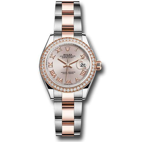 Rolex Steel and Everose Gold Rolesor Lady-Datejust 28 Watch - Diamond Bezel - Sundust Roman Dial - Oyster Bracelet - 279381RBR suro