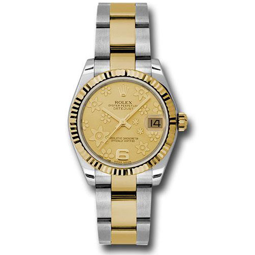 Rolex Steel and Yellow Gold Datejust 31 Watch - Fluted Bezel - Champagne Floral Motif Dial - Oyster Bracelet - 178273 chfo