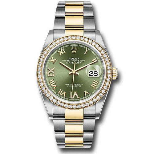 Rolex Steel and Yellow Gold Rolesor Datejust 36 Watch - Diamond Bezel - Olive Green Roman Dial - Oyster Bracelet - 126283RBR ogdr69o