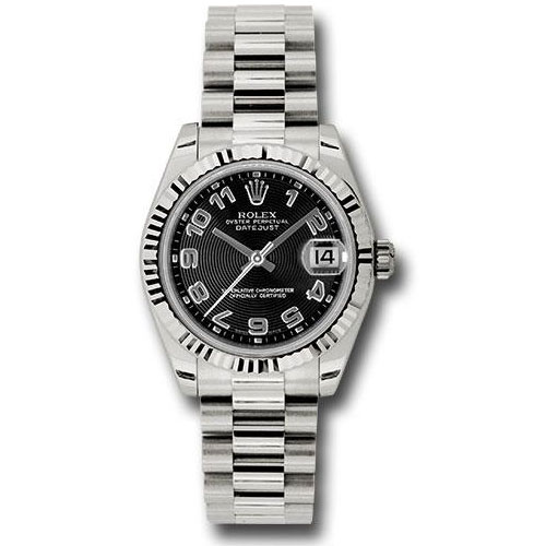 Rolex White Gold Datejust 31 Watch - Fluted Bezel - Black Concentric Circles Arabic Dial - President Bracelet - 178279 bkcap