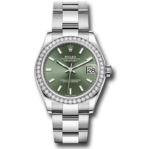 Rolex Steel and White Gold Datejust 31 Watch - Diamond Bezel - Mint Green Index Dial - Oyster Bracelet - 278384RBR mgio