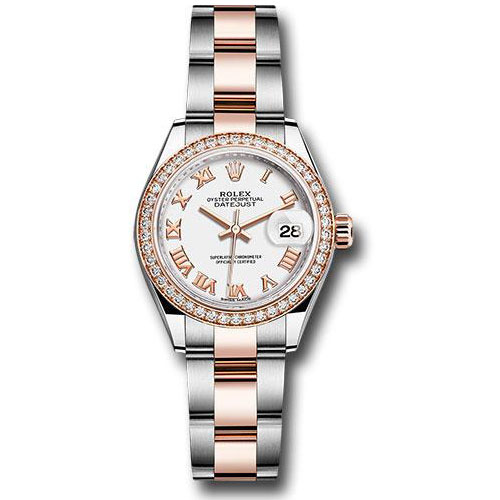 Rolex Steel and Everose Gold Rolesor Lady-Datejust 28 Watch - Diamond Bezel - White Roman Dial - Oyster Bracelet - 279381RBR wro
